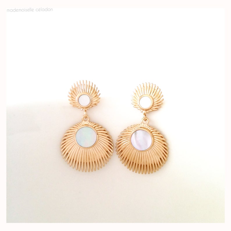 Earrings sun mother-of-pearl gold plated 750/000 Earrings circle gold set mother-of-pearl gold plated sun large earring image 4