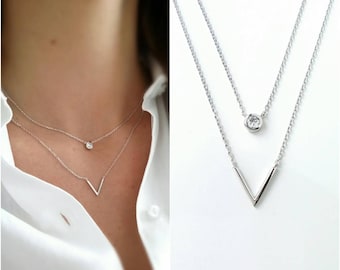 Solitaire - Double triangle necklace and solitaire silver 925/000 and zirconium - solitary Necklace 925 silver sterling