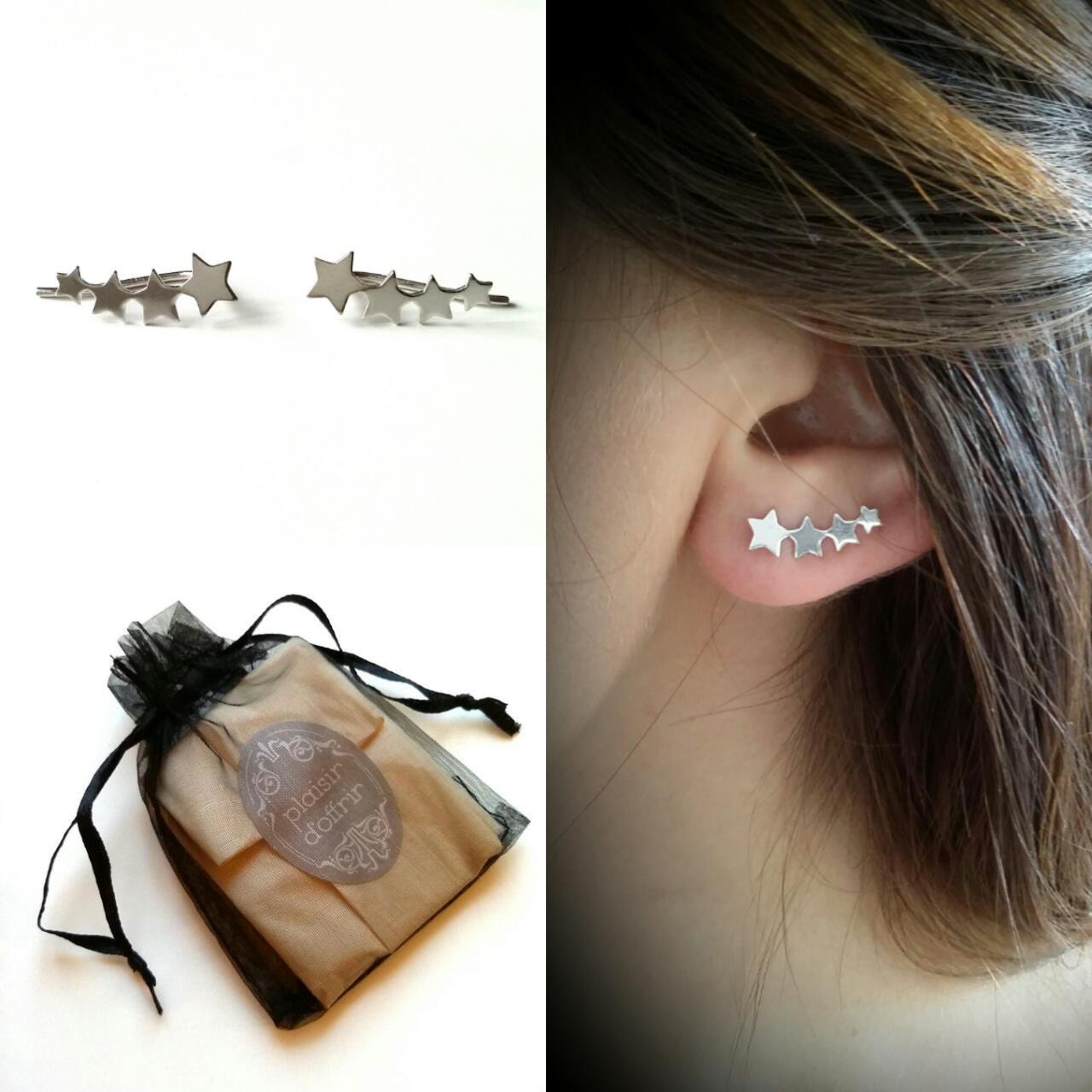 Boucles D'oreilles Argent Sterling 925 - Étoiles, Lune Et Saphir Blanc - Neuf Sans Emballage