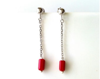 925 - red beads - 925 silver earrings silver dangling earrings sterling errings red pearl