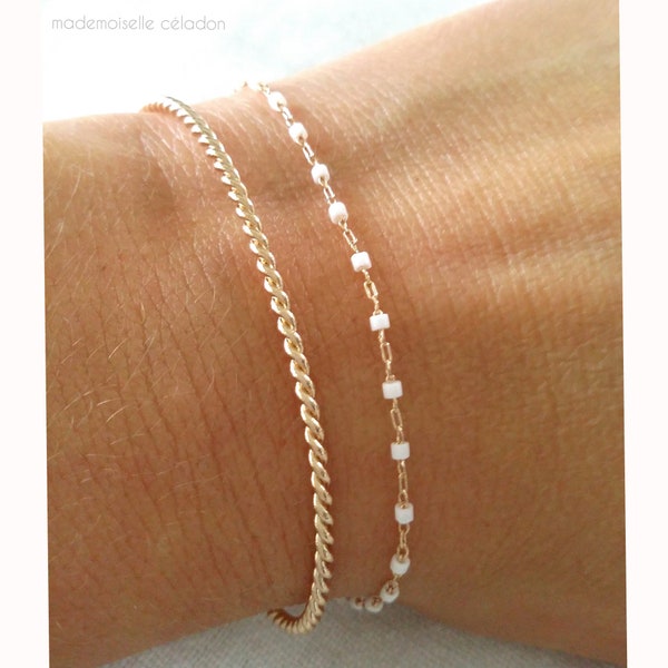 Bracelet or petites perles blanches -Bracelet plaqué or 750/000 PERLE MIYUKI - 18k gold plated bracelet white pearl