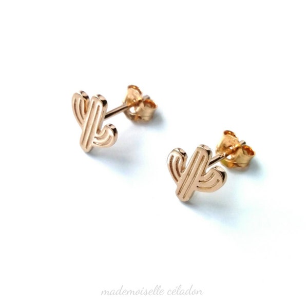 Boucles d'oreilles cactus, plaqué or 750/000 - puces cactus or, doré - cactus earrings 750 gold plated, gold cactus