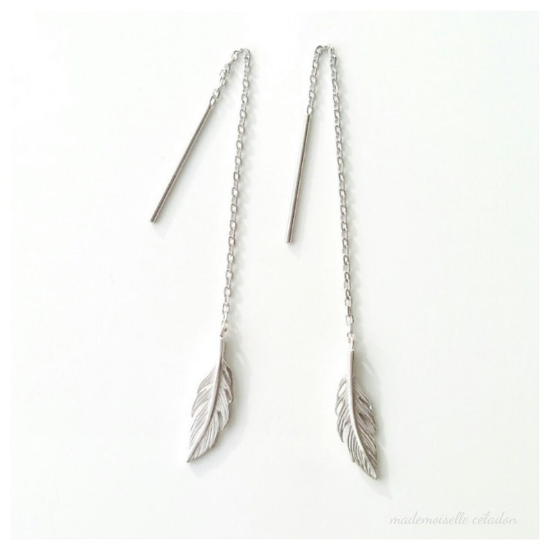 925 silver ear chains, feathers 925/000 silver earrings 925 silver sterling feather chain of through ears image 3