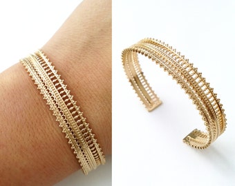 Bracelet jonc épais travaillé plaqué or 750/000 - Jonc or motif ethnique - 750 gold plated bracelet bangle
