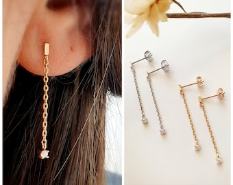 Boucles d'oreilles chaînes pendantes argent 925 ou plaqué or 750 - chaines oreilles solitaires zirconium - 925 silver, chain earrings