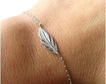 Bracelet argent massif 925/000 / Bracelet plume- bijou motif plume - taille réglable - 925 silver sterling feather bangle