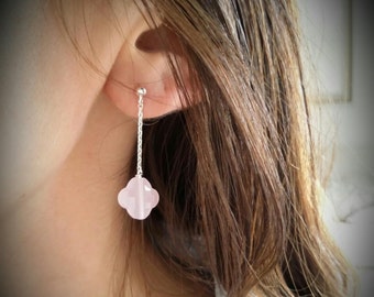 Silver Sterling 925 Silver - Chain earrings, dangling earrings, pink Crystal good luck clover charm - silver 925