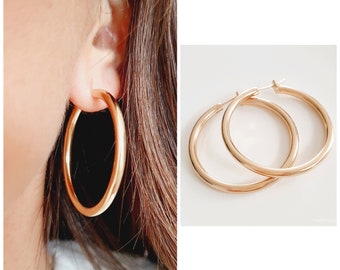 Thick 750/000 gold plated hoop earrings - Large hoop earrings, 18 carat gold plated rings - Little Earrings hoop 750 gold plated