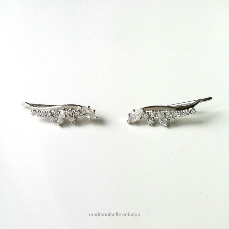 Earrings, barettes, ear cuff, solid silver 925 and zirconiums rising earrings on lobes silver 925, zirconiums image 1