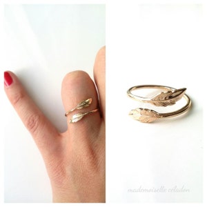 750/000 gold plated feather ring, fingertip - feather motif ring, leaf ring, adjustable size - 750 gold plated feather ring