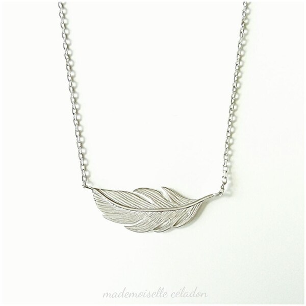 Collier plume argent 925/000 - Collier argent 925 motif plume horizontale - taille réglable - feather necklace 925/000 silver