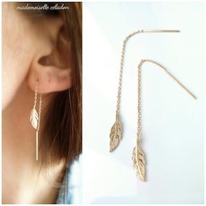 18-carat gold-plated earrings, feathers - Gold-plated chain earrings 750 - 750 gold plated feather chain of through ears