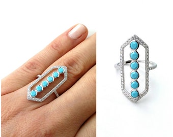 Bague argent 925 sertie turquoises et oxydes de zirconium, bague hautes argent massif 925 - 925 silver stelring ring