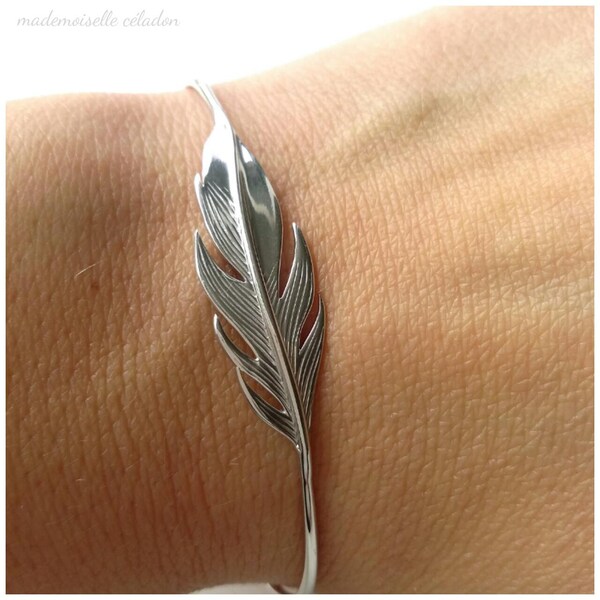 Bracelet, jonc plume argent 925 - Bijoux plume argent 925/000 - Taille réglable, jonc argent massif  -Feather bangle 925 silver sterling