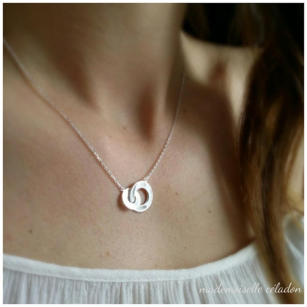 Collier argent 925/000, deux cercles entrelacés, collier cercles, anneaux, rond - solid silver 925 necklace, two circle interleaved