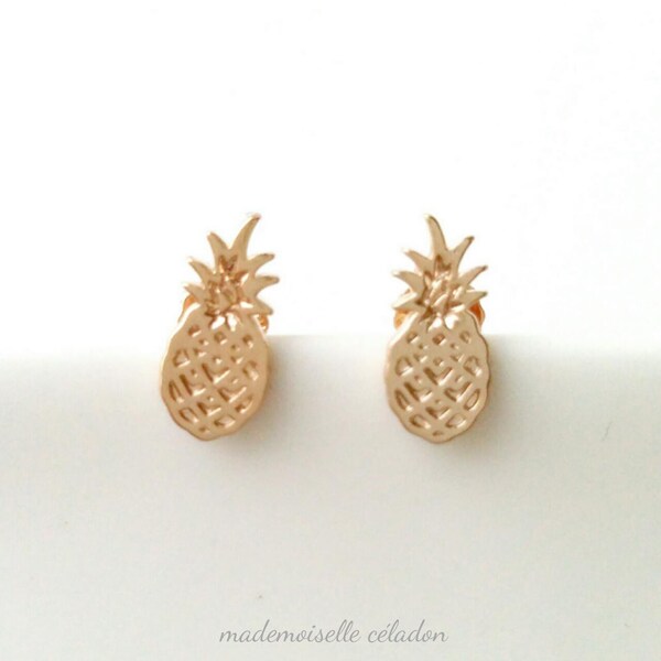 Boucles d'oreilles ananas plaqué or 750 - Boucles d'oreilles puces plaqué or 750, motif ananas - gold plated 750 earings