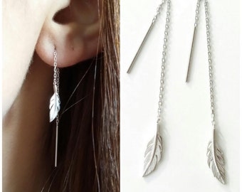 925 silver ear chains, feathers - 925/000 silver earrings - 925 silver sterling feather chain of through ears