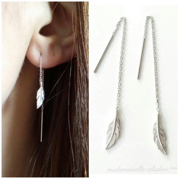 Chaînes d'oreilles argent 925, plumes - Boucles d'oreilles argent 925/000 - 925 silver sterling feather chain of through ears