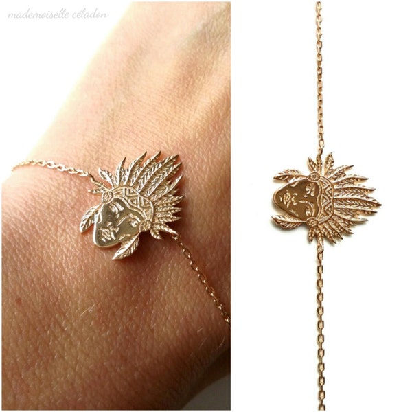 Bracelet tête indien plaqué or 18K, bijou motif indien - plaqué or 750/0OO taille réglable - apache indian bracelet gold plated 750 bracelet