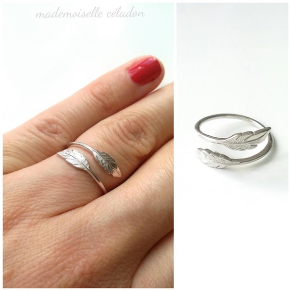 Bague plume argent 925, bague argent massif 925, bague feuille - taille réglable - bague argent 925/000 - silver 925