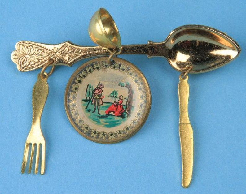 Coro spoon pin with knife fork and plate dangles Etsy