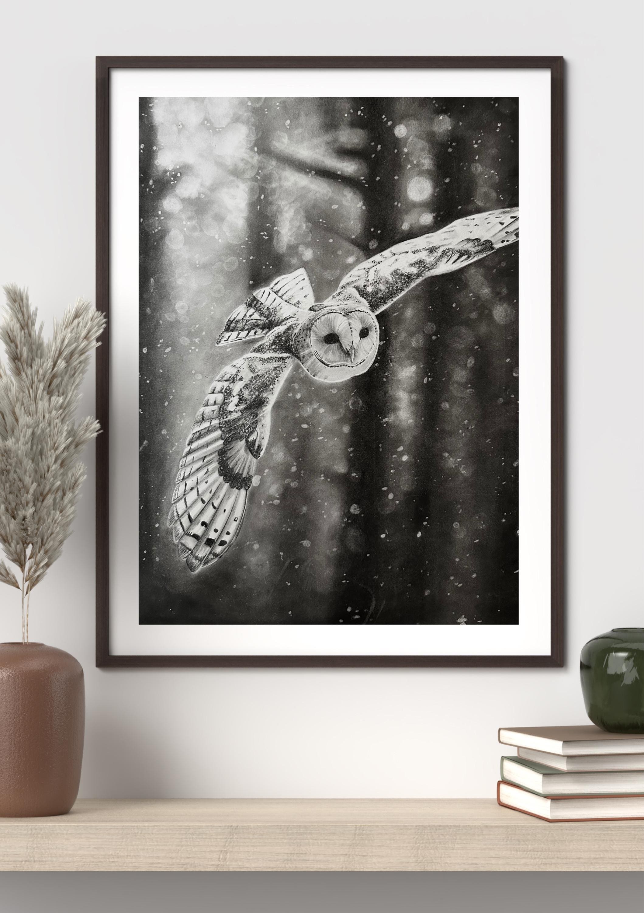 Silent Flight, Orignal Owl drawing, Charcoal & Pastel Drawing (14x18 in) Emart by Emilie