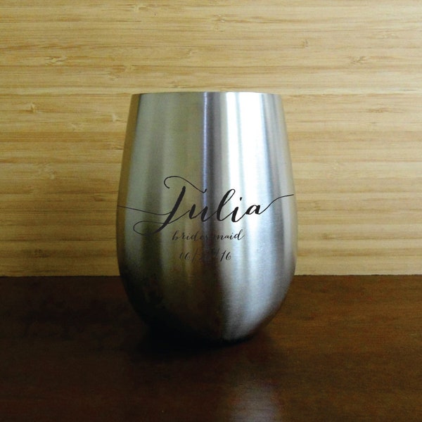 Personalized Stemless Wine Glass 18 oz., Custom Stainless Steel Wine Glass, Laser Engraved Wedding Keepsake, Monogrammed Wine Glass
