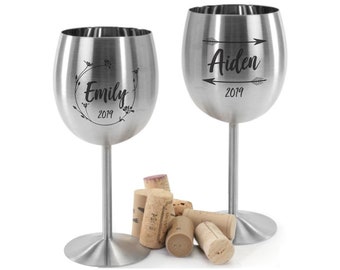 Personalized Set of 2 Wine Goblets, 9 oz., Engraved Stainless Steel Wine Glasses for Wedding Party, Custom Groomsman or Bridesmaid Gift
