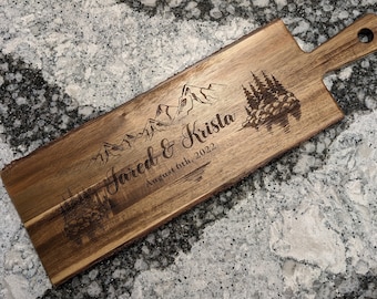 Personalized Live Edge Serving Paddle, Laser Engraved Acacia Wood Cutting Board, Custom Charcuterie Board, Custom Wood Wedding Sign