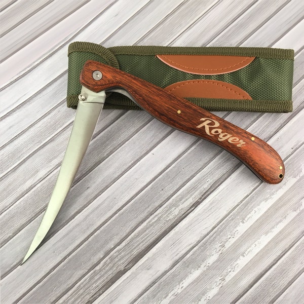 Engraved Folding Fillet Knife, with Rosewood Handle & Stainless Steel Blade - Personalized Fishing Knife - Father's Day Gift