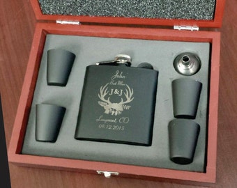 Personalized Flask Set with 4 Shot Glasses, Custom Flask Set Groomsman Gift, Laser Engraved 6 oz. Flask Set, Personalized Wedding Party Gift