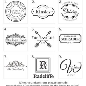 May include: Nine different engraving design ideas for personalized gifts. The designs include names, dates, and family names.  The designs are in black and white.