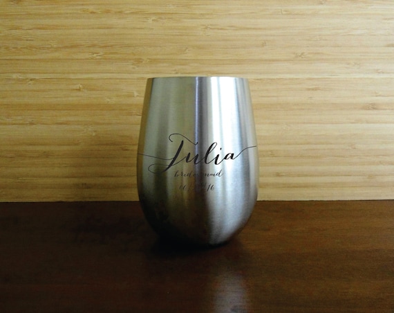 Personalized Stemless Wine Glass 18 oz., Custom Stainless Steel Wine Glass, Laser Engraved Wedding Keepsake, Monogrammed Wine Glass