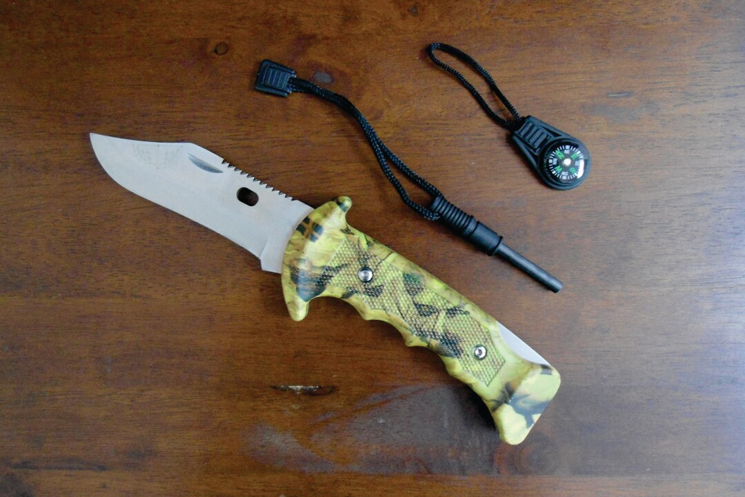 Personalized Camo Survival Knife, W/ Travel Compass and Fire Starter, Customized Camouflage