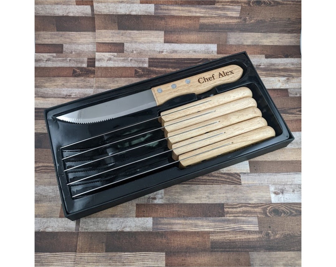 Engraved Steak Knife Set, Maple Wood Handles, Set of 6, Personalized