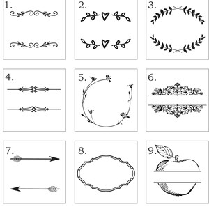 May include: Nine different name border options for use in a digital design. The borders include swirls, hearts, leaves, arrows, and a simple oval. The text "Write your choice of name border and font in the "note to seller" when you check-out." is at the bottom of the image.