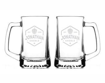 Personalized Sports Beer Mug, Set of 2, Custom 15 oz. Glass Stein, Laser Engraved Gift for Him, Monogrammed Beer Mug