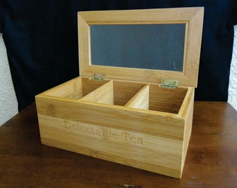 Personalized Wood Tea Box, Engraved Bamboo Tea Holder, Custom Tea Box Mother's Day Gift, Custom Housewarming or Teacher's Gift