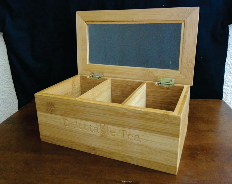 Personalized Wood Tea Box, Engraved Bamboo Tea Holder, Custom Tea Box Mother's Day Gift, Custom Housewarming or Teacher's Gift image 1