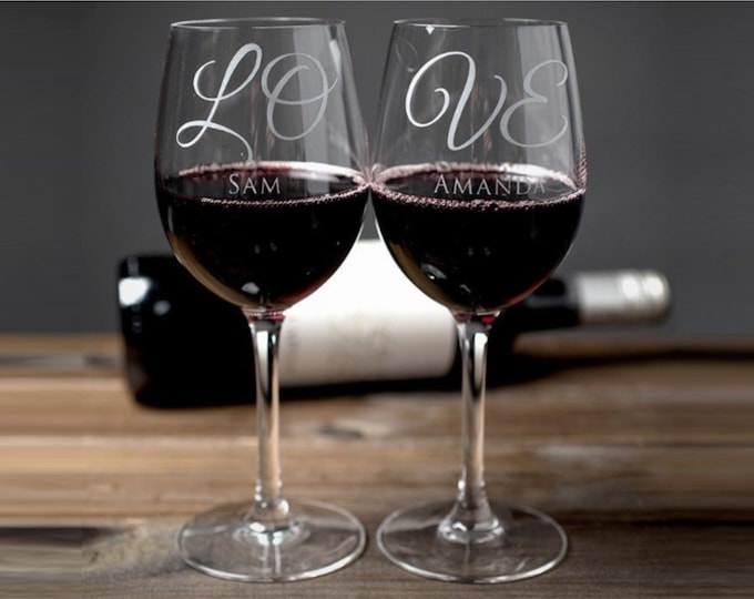 Personalized Wine Glasses, Set of 2 - Laser Engraved - Custom Bridesmaids Glasses, Wedding Gift, Monogram Wine Glass, Gift for Girlfriend