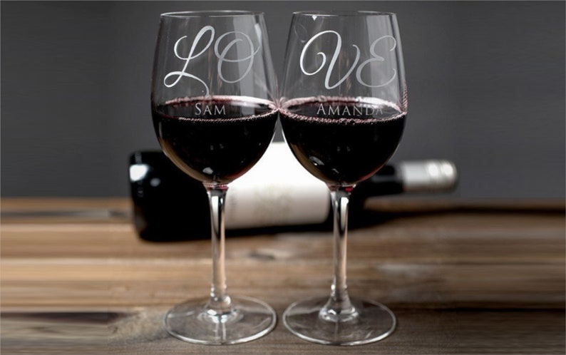 Personalized Wine Glasses, Set of 2 Laser Engraved Custom Bridesmaids Glasses, Wedding Gift, Monogram Wine Glass, Gift for Girlfriend image 1