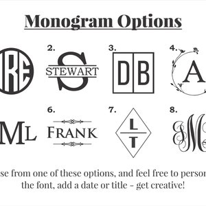 May include: Eight different monogram options are shown. The options include a circle with three letters, a script font with a name, a box with two letters, a letter inside a wreath, three letters in a row, a name with a decorative border, a diamond with two letters, and a script font with two letters.