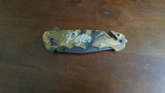 Personalized Camo Folding Knife with Window Breaker & Seat Belt Cutter, Custom Survival Pocket Knife, Engraved Groomsman Gift