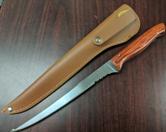 Personalized Fillet Knife, with Rosewood Handle & Stainless Steel Blade, Includes Leather Sheath - Laser Engraved for Free, Fishing Gift