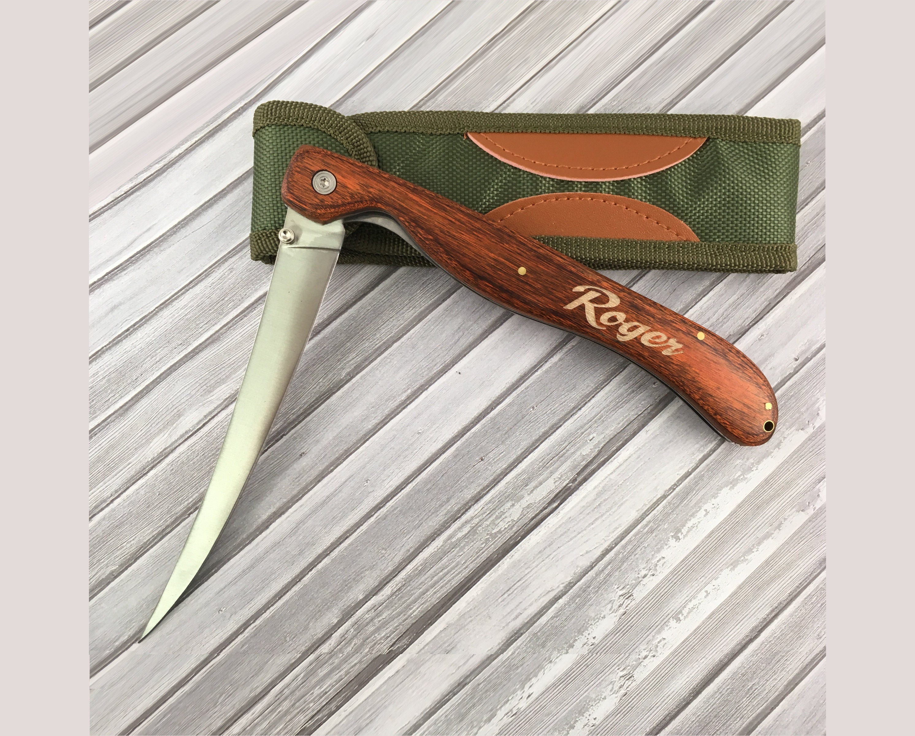 Engraved Folding Fillet Knife, with Rosewood Handle & Stainless Steel Blade - Personalized Fishing Knife - Father's Day Gift