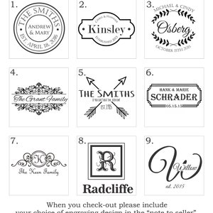 May include: Nine different engraving design ideas for personalized gifts. The designs include names, dates, and family names.  The designs are in black and white.