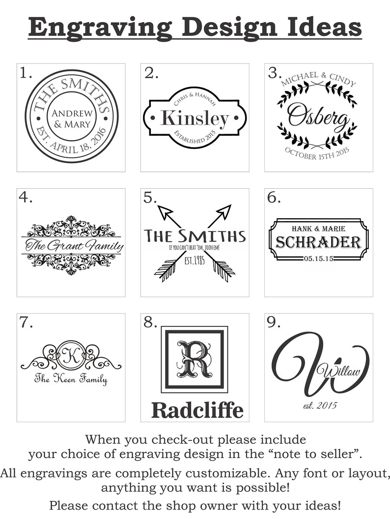 May include: Nine different engraving design ideas for personalized gifts. The designs include names, dates, and family names.  The designs are in black and white.
