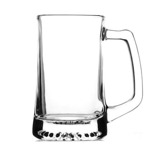 May include: A clear glass beer mug with a handle. The mug has a rounded bottom and a wide mouth.