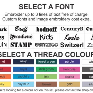 Op de afbeelding: Een tabel met een selectie van lettertypen en garenkleuren voor borduurwerk. De lettertypen omvatten Aardvark, Banff, bodnoff, CenturyB, Cupertin, Flares, Frankens, Kids, Koala, Linus, PENGUIN, STAMP, SWITZ2CO, Switzerl en Zurichca. De garenkleuren omvatten granaat, marine, bosgroen, paars, wit, rood, koninklijk blauw, irisgroen, heliconia, grijs, oranje, saffier, limoen, azalea, zwart, madeliefje, hemelsblauw, bruin, goud en zilver.