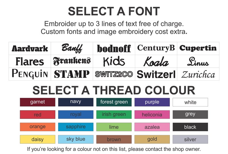 Op de afbeelding: Een tabel met een selectie van lettertypen en garenkleuren voor borduurwerk. De lettertypen omvatten Aardvark, Banff, bodnoff, CenturyB, Cupertin, Flares, Frankens, Kids, Koala, Linus, PENGUIN, STAMP, SWITZ2CO, Switzerl en Zurichca. De garenkleuren omvatten granaat, marine, bosgroen, paars, wit, rood, koninklijk blauw, irisgroen, heliconia, grijs, oranje, saffier, limoen, azalea, zwart, madeliefje, hemelsblauw, bruin, goud en zilver.